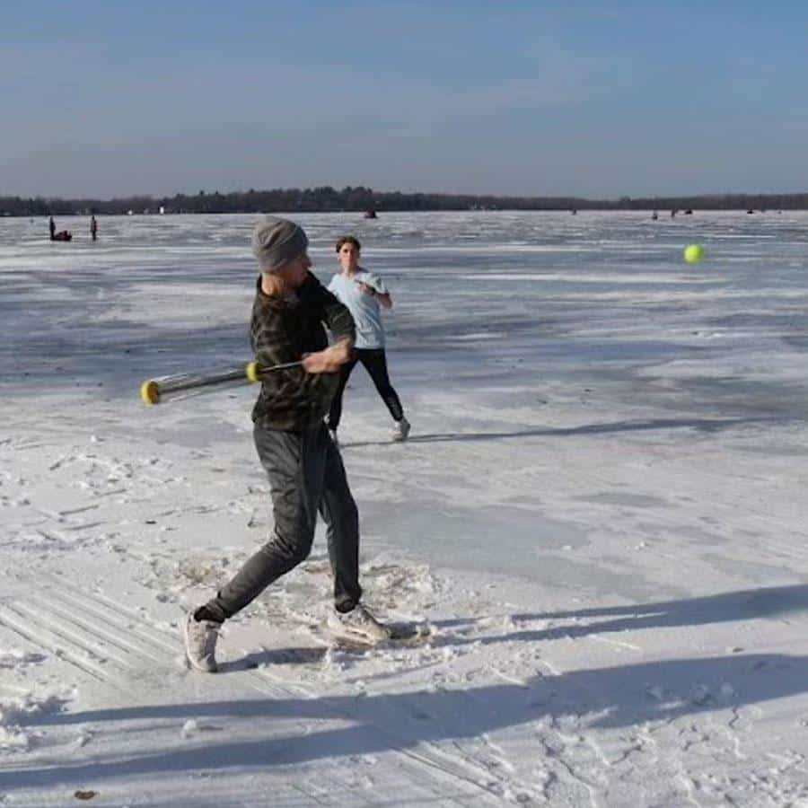 Playing in winter on a frozen lake